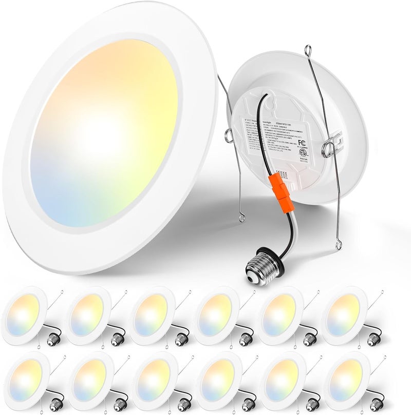 Amico Recessed Lighting 5/6 Inch, 12 Pack 5CCT Flat LED Can Lights, 2700K/3000K/4000K/5000K/6000K Selectable,12W Eqv 110W, 1050LM Brightness, Retrofit Installation - ETL & FCC, White - Image 1